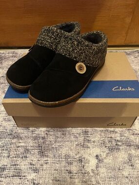 Clarks Black Suede Ankle Booties with Knit Cuff